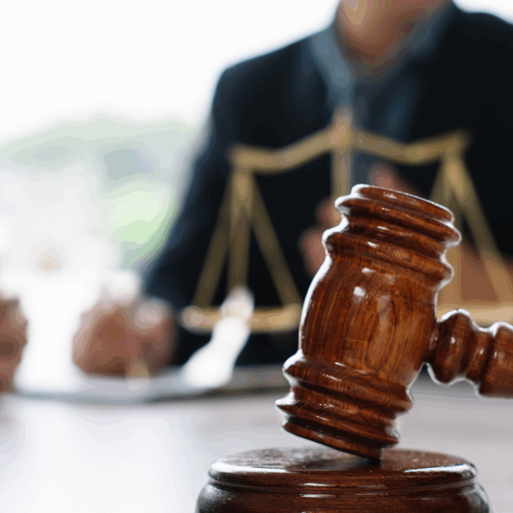 wooden gavel on desk in foreground in front of Adam Rod